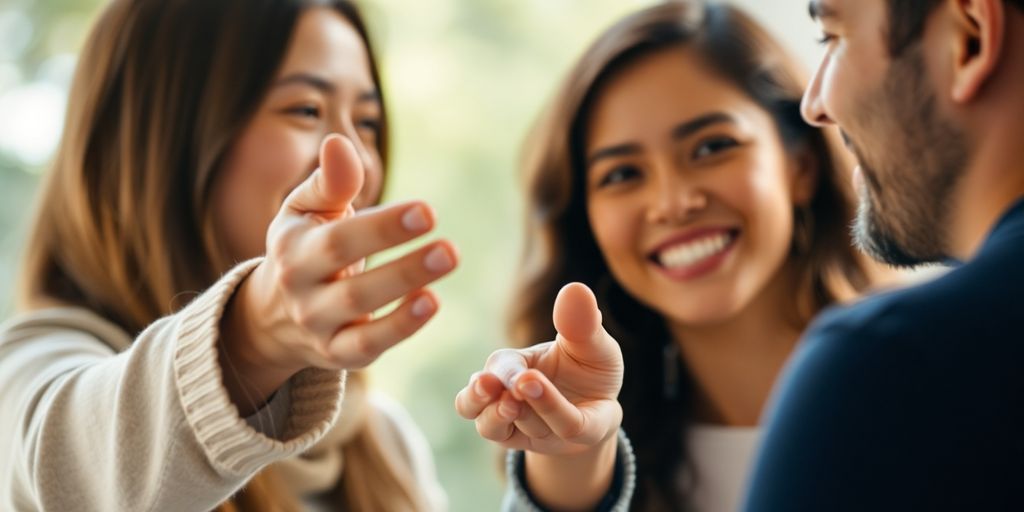 Two people, one extending hand, other smiling.
