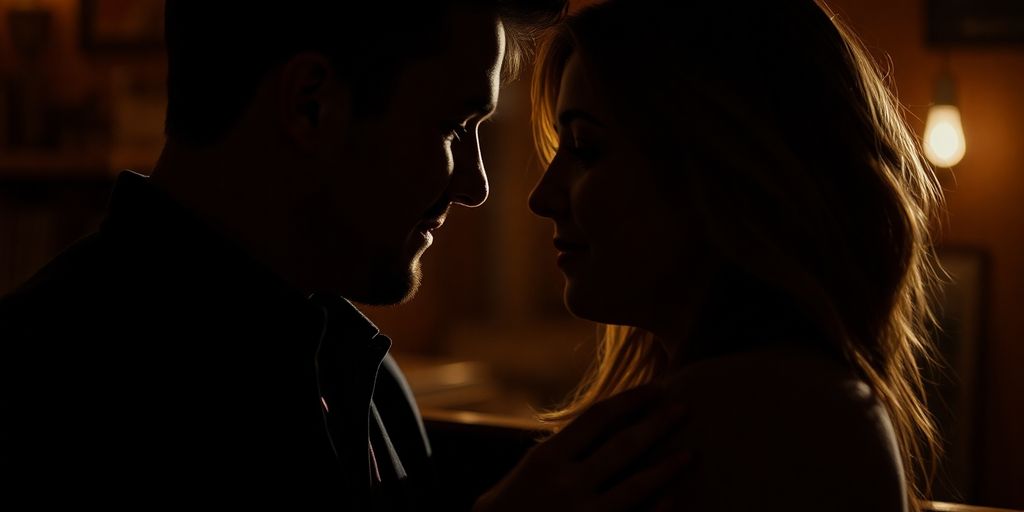 Couple talking in low-lit room.